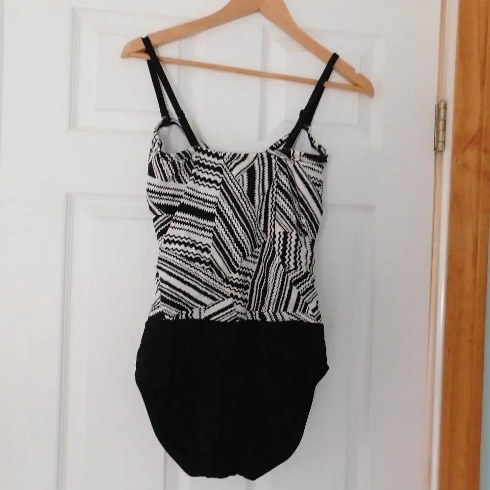 24 Ocean‎ Womens Blouson One Piece Swimsuit Black White Slimming Tummy Control M